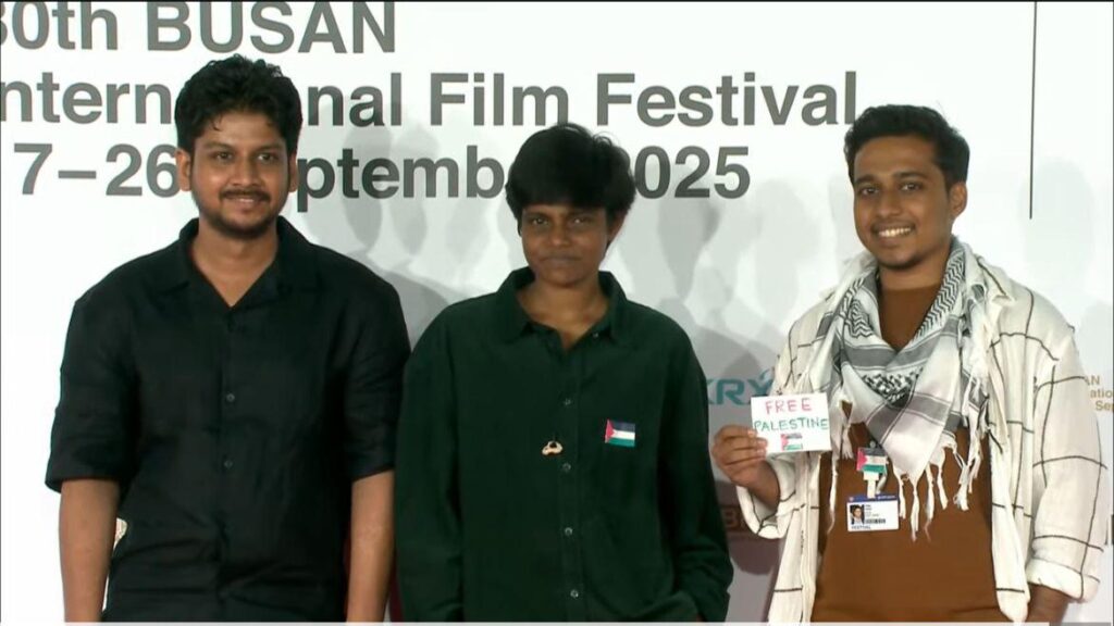 Indian Film 'Karinji' Crew Shows Palestine Solidarity at Busan International Film Festival Closing Ceremony