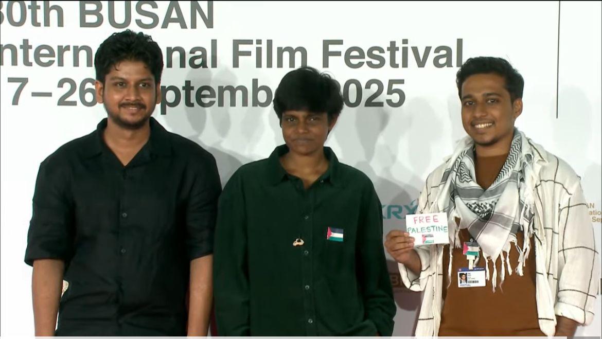 Indian Film 'Karinji' Crew Shows Palestine Solidarity at Busan International Film Festival Closing Ceremony