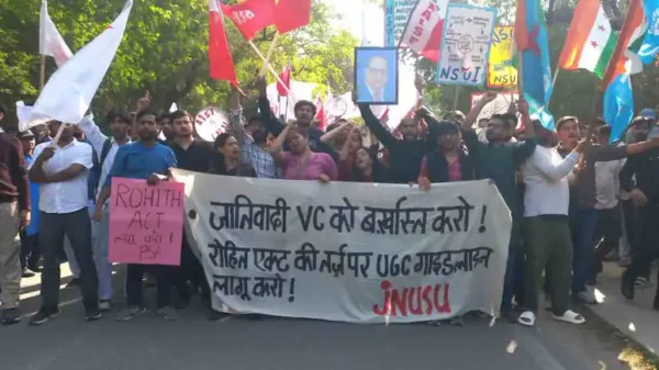 Delhi Police lathi-charged JNU students during a march to the Ministry of Education, protesting casteist remarks by VC Shantisree Dhulipudi Pandit.