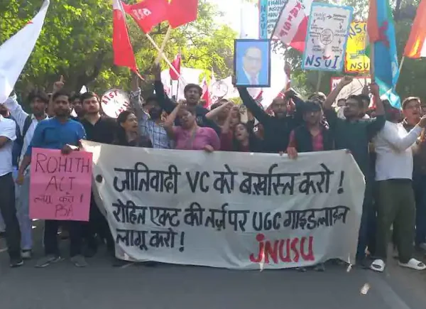 Delhi Police lathi-charged JNU students during a march to the Ministry of Education, protesting casteist remarks by VC Shantisree Dhulipudi Pandit.