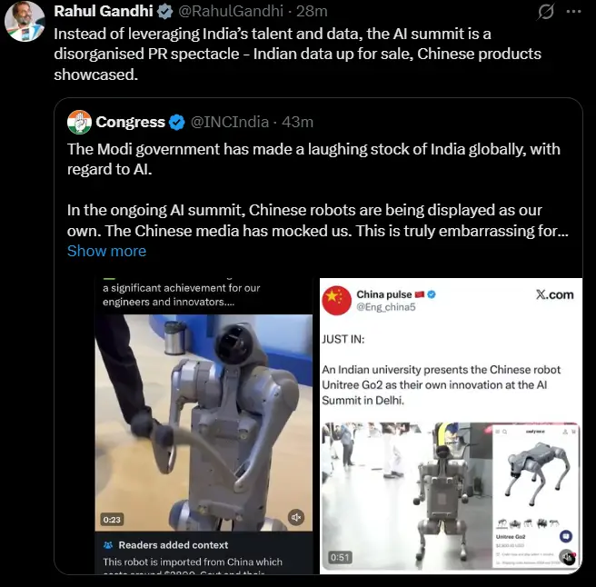 Rahul Gandhi Calls India AI Impact Summit a “PR Spectacle” Amid Galgotias University Robotic Dog Row 59 Rahul Gandhi Slams AI Summit Over Galgotias University Robot