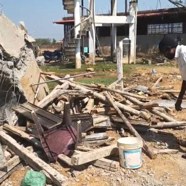 Dalit activists rebuilt an Ambedkar statue platform in Velur village, Wargal mandal, a day after R&B officials demolished it under police protection overnight.