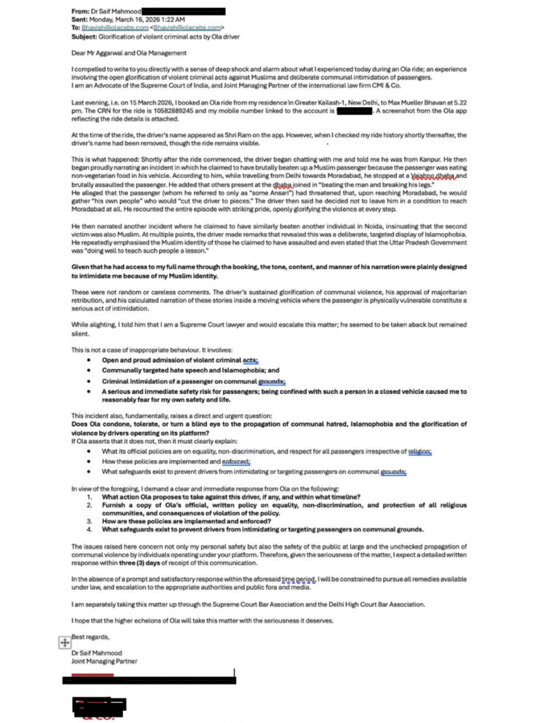 Supreme Court advocate Dr. Saif Mahmood reports an Ola driver in Delhi glorifying violence against Muslim passengers. The driver has been suspended, but concerns over passenger safety remain.