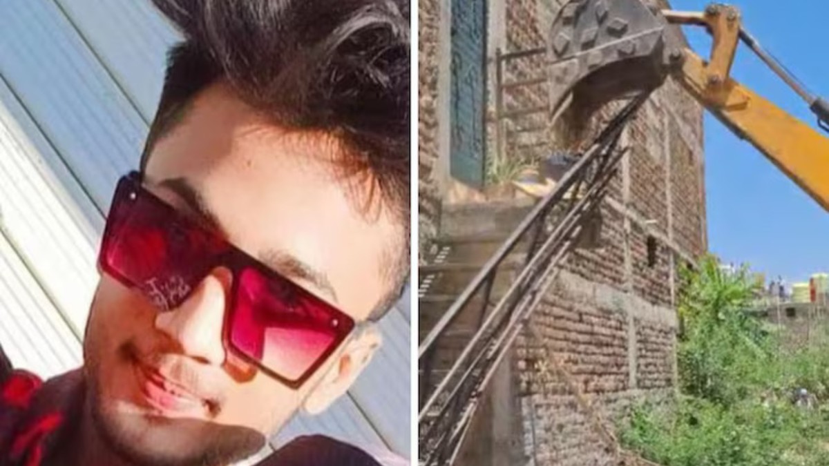 Authorities demolish an external staircase at the home of a Maharashtra man accused of exploiting minors in Amravati.