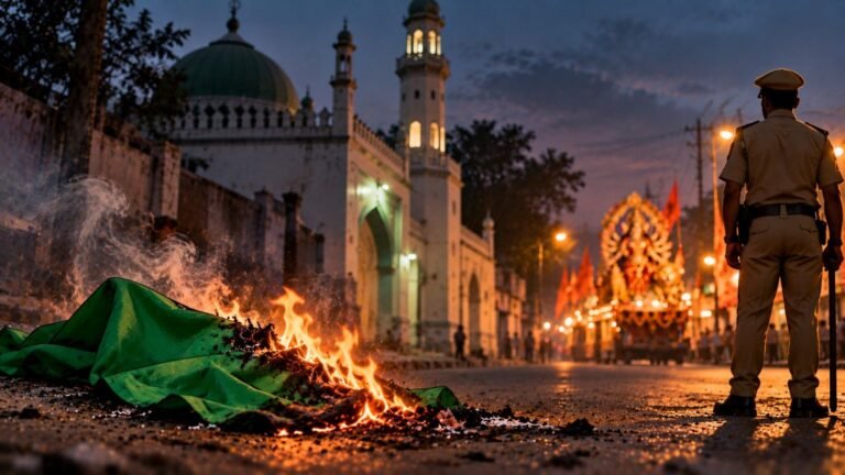 Islamic Flag Burnt Outside UP Mosque as Durga Procession Passed, Police Seen at Spot in Video